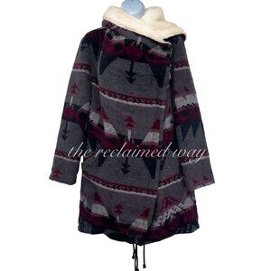 Tribal Aztec Geometric Blanket Coat Jacket Sherpa Hood Forever 21